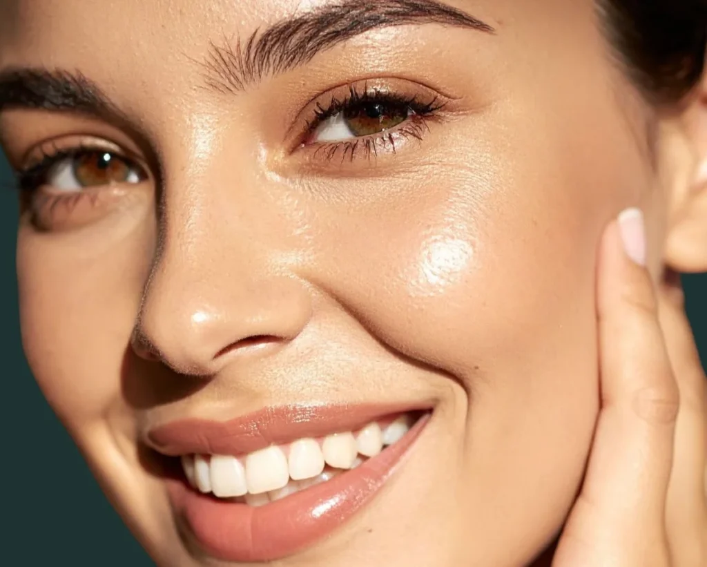 Closeup of a woman's healthy, glowing skin after exosome therapy at Skincare Sommelier Beauty Lab & Med Spa in Forest Hills, NY