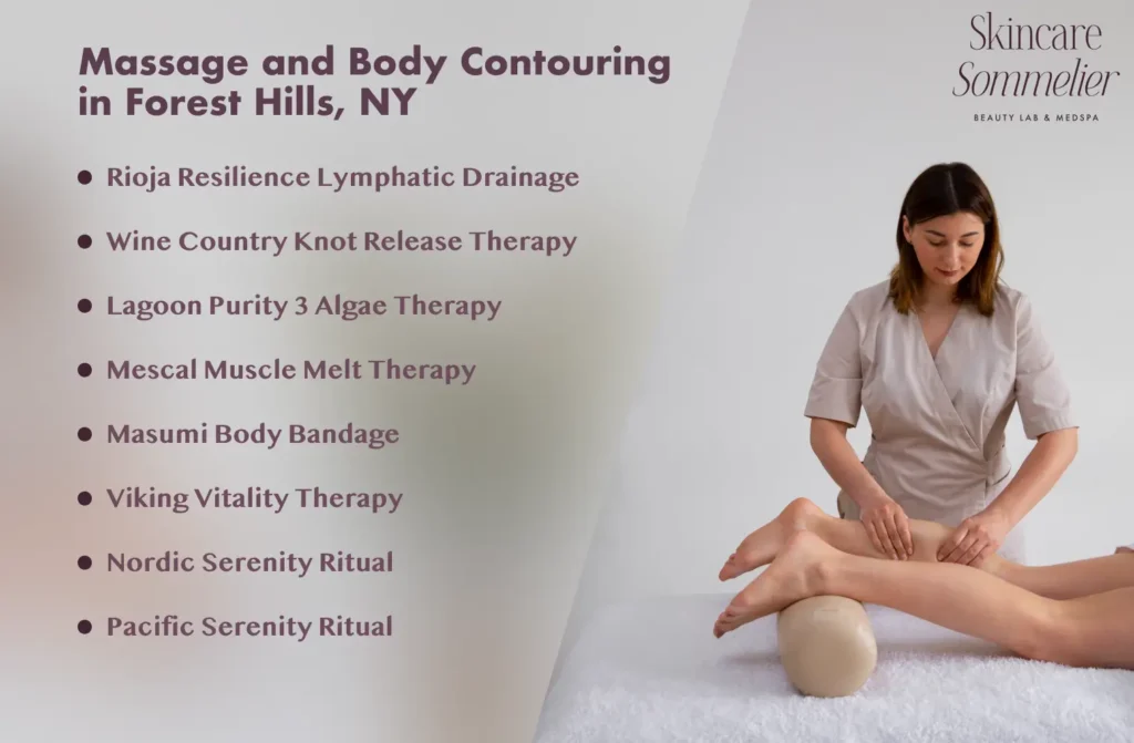 List of body contouring massage treatments including Rioja Resilience and Viking Vitality at Skincare Sommelier, Forest Hills, NY.