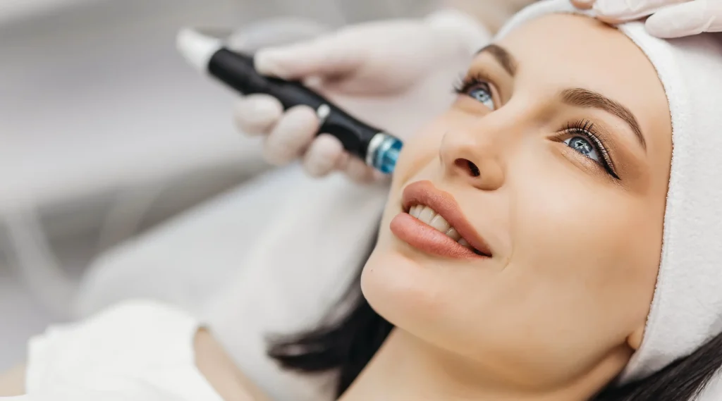 HydraFacial treatment session showing cleansing and hydration steps for glowing skin