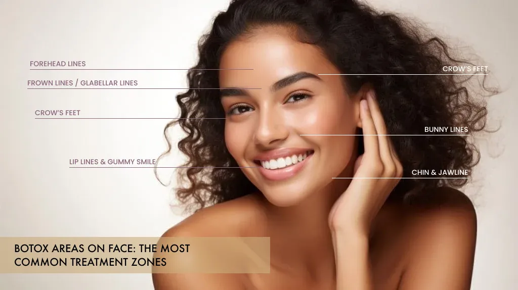 Most popular Botox treatment areas including forehead, frown lines, and crow’s feet