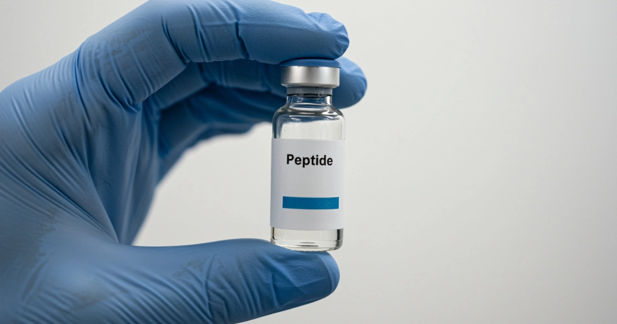 A gloved hand holds a small glass vial labeled _Peptide_ for Peptide Therapy in Forest Hills, NY.