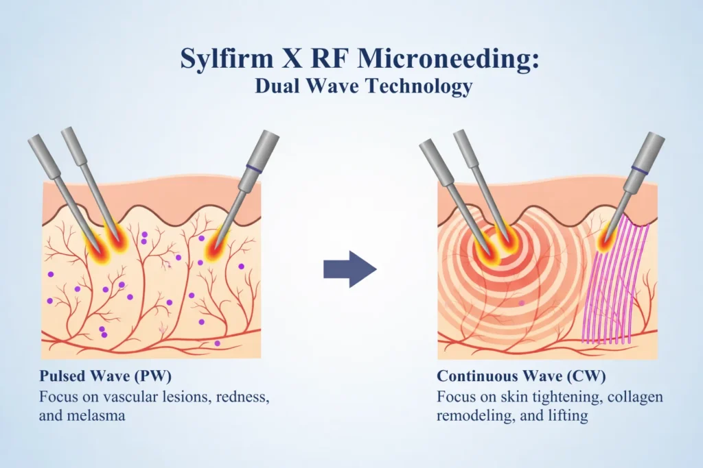 Picture showing Sylfirm X RF microneedling mechanism with Pulsed Wave and Continuous Wave energy delivering to skin layers through gold microneedles