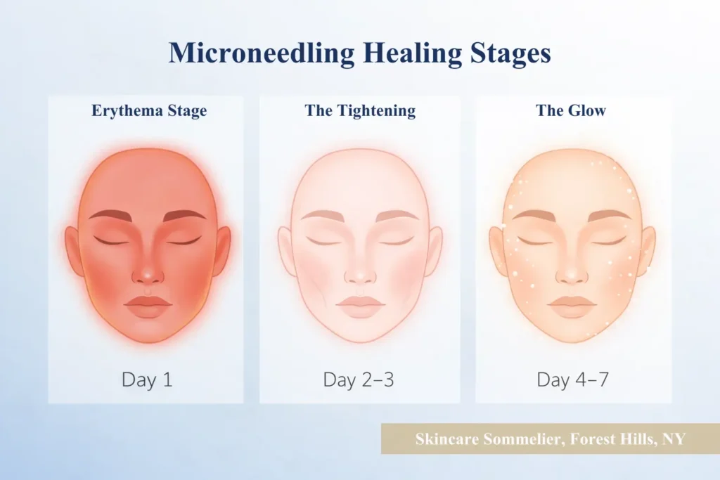 Infographic showing the microneedling healing stages day-by-day: from the initial erythema (redness) stage to skin tightening and the final healthy glow.
