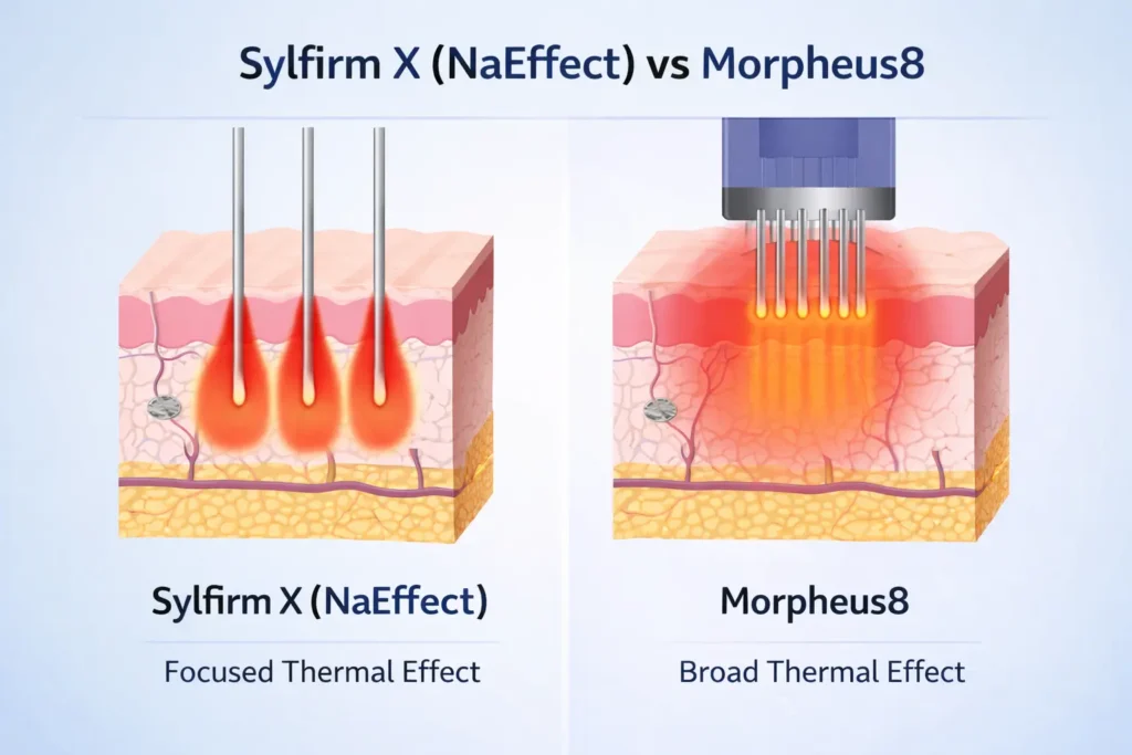 A professional comparison infographic between Sylfirm X and Morpheus8 RF microneedling, highlighting differences in technology, depth of treatment, and recovery time for facial rejuvenation.