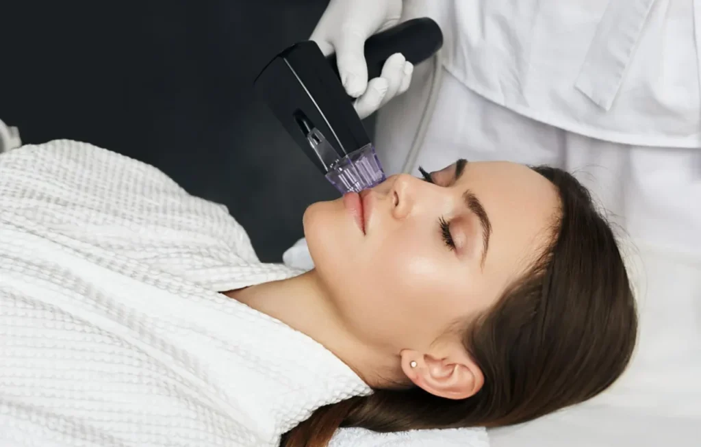This image captures the precision of fractional RF microneedling, a key part of our comparative guide on Sylfirm X vs Morpheus8 for optimal skin tightening and facial contouring, and results for specific concerns.