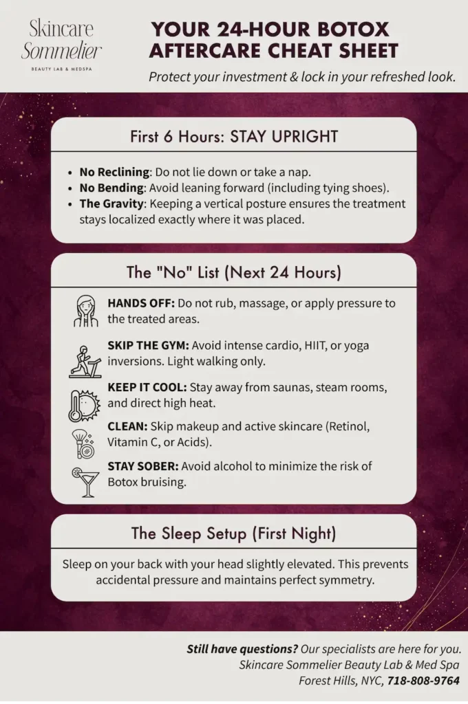 24-hour Botox aftercare guide infographic by Skincare Sommelier Forest Hills, featuring recovery instructions, sleep positions, and safety protocols.