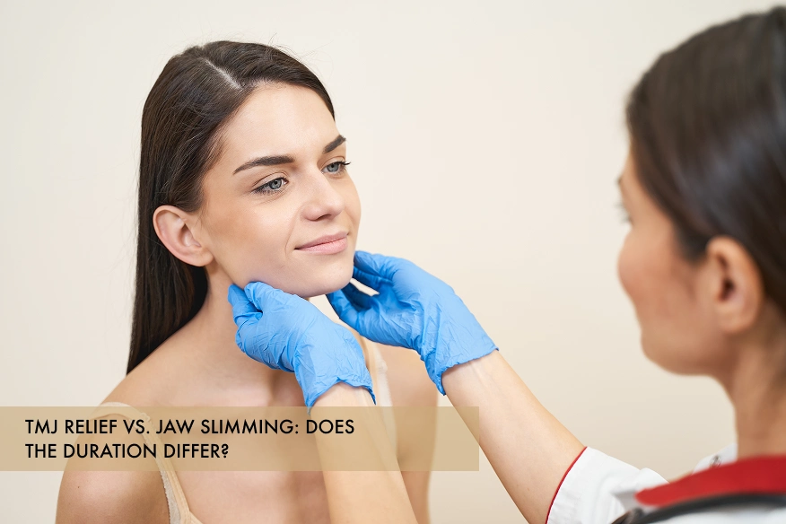 A skincare specialist at Skincare Sommelier evaluating a patient's masseter muscle for TMJ relief and jaw slimming duration differences.