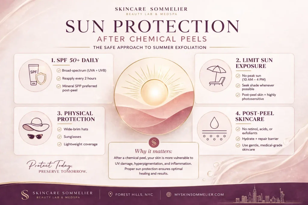Infographic detailing summer post-care for chemical peels: avoiding heat, sweat, and sun exposure at Skincare Sommelier NYC.