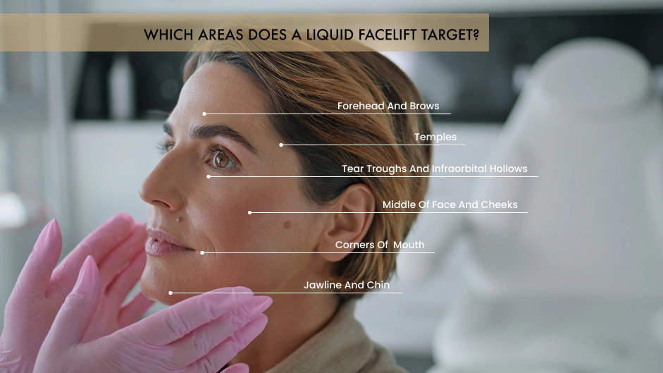 Facial mapping illustrating the target areas for a Liquid Facelift, including the forehead, cheeks, and jawline, at Skincare Sommelier med spa.