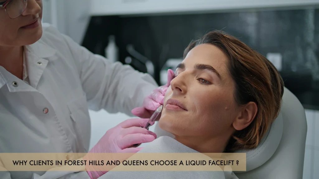 A licensed specialist performing a non-surgical Liquid Facelift for a client at Skincare Sommelier Beauty Lab & Med Spa in Forest Hills, Queens.