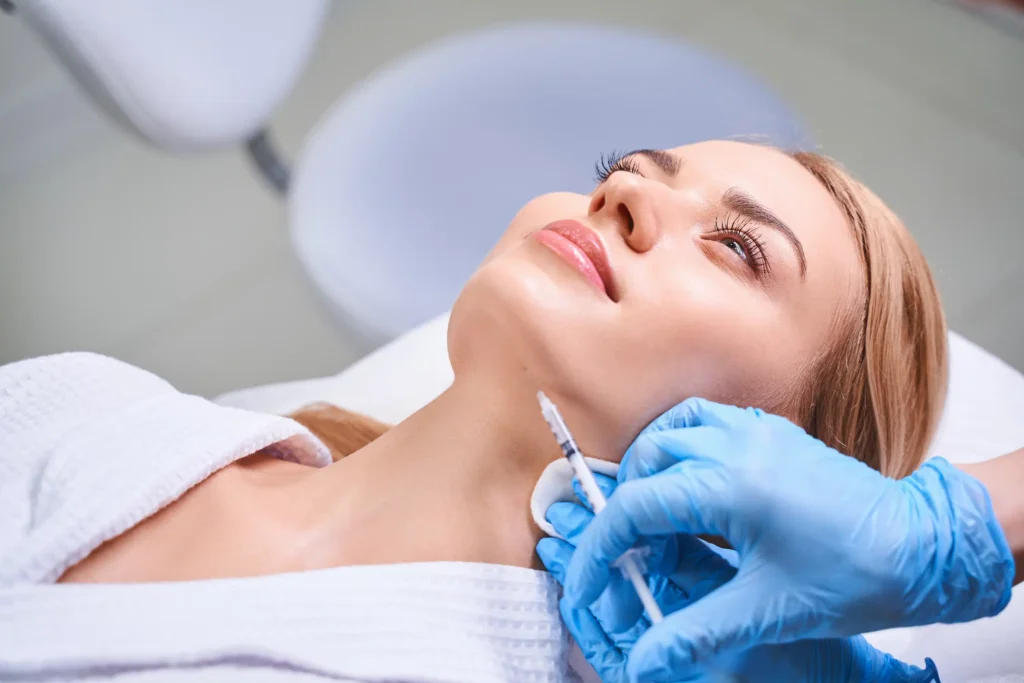 Professional jawline and chin Sculptra injection procedure at Skincare Sommelier, focusing on proper depth to avoid mistakes.
