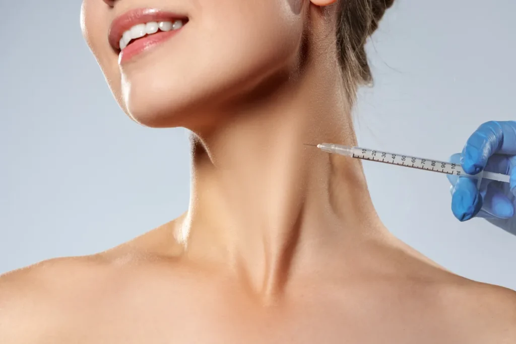 Nefertiti Lift Botox injection into the neck to relax platysmal bands and define the jawline at Skincare Sommelier in Forest Hills, NY.