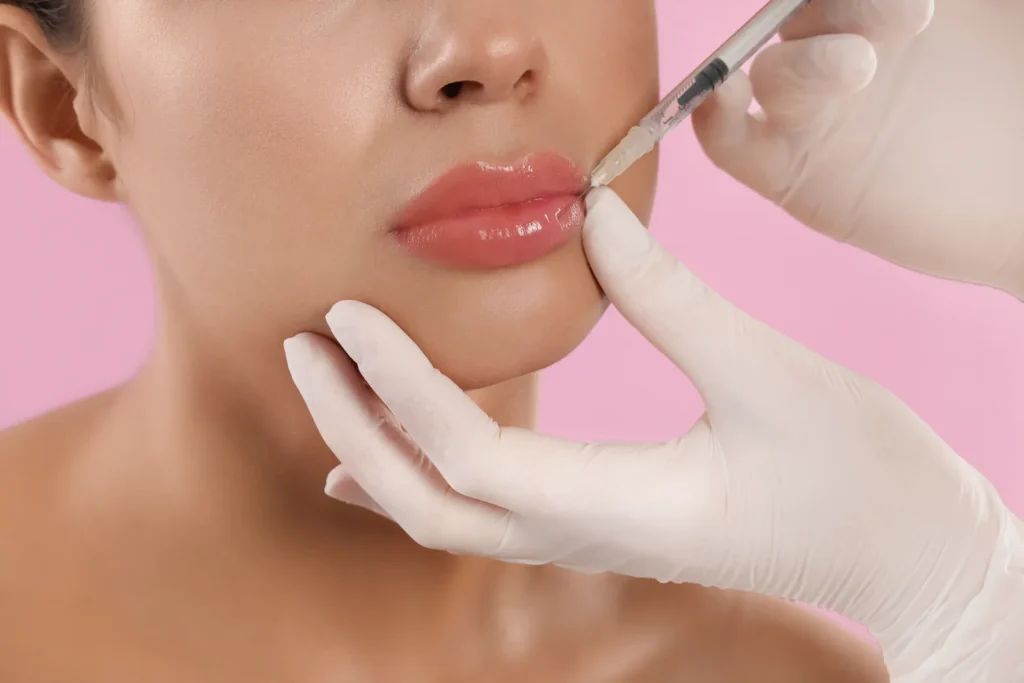 Injector performing a precise upper lip injection for a lip flip at Skincare Sommelier in Forest Hills, NY.